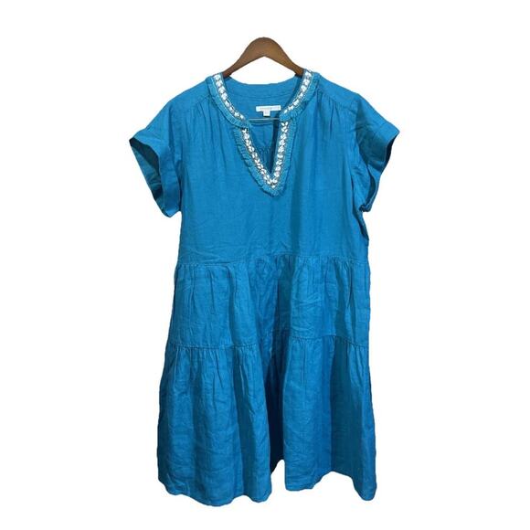 Chico's 100% Linen Embellished Cap Sleeve Dress Tiered Teal Green Midi Size 14 - Picture 1 of 12